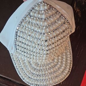 Ashley Stewart White Pearl and Rhinestone Hat